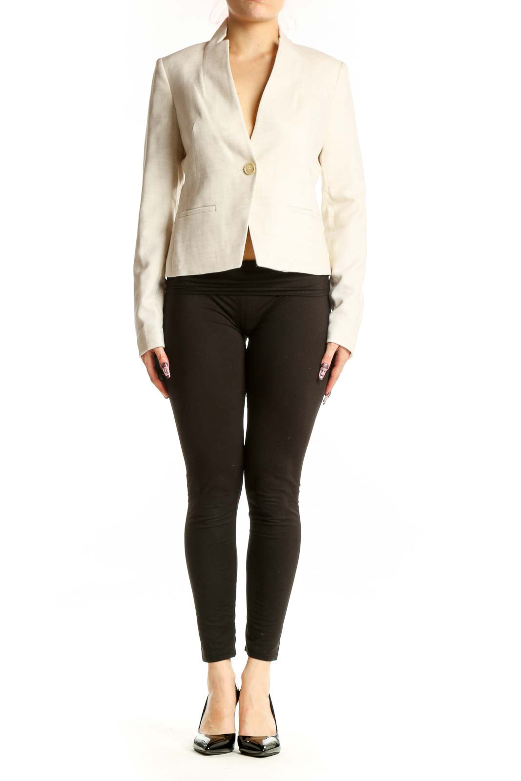 Front view of cream single button tailored blazer by Calvin Klein, XS size, featuring notch lapel and cropped length