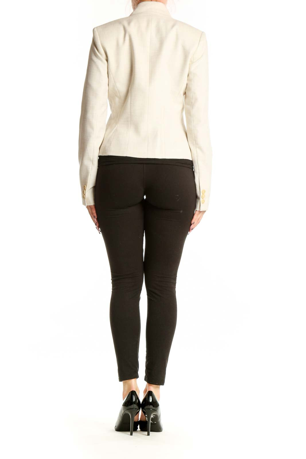 Back view of cream single button blazer by Calvin Klein showing tailored silhouette and clean lines