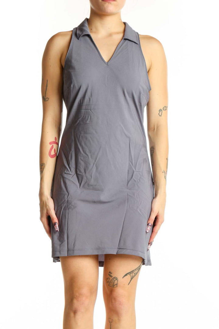Gray halter activewear performance dress with collared neckline, front view
