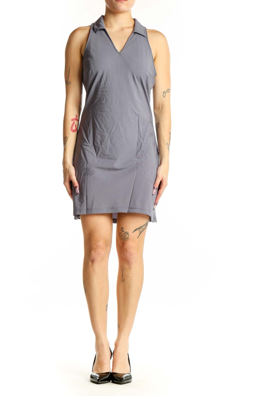 Gray halter activewear performance dress with collared neckline, front view