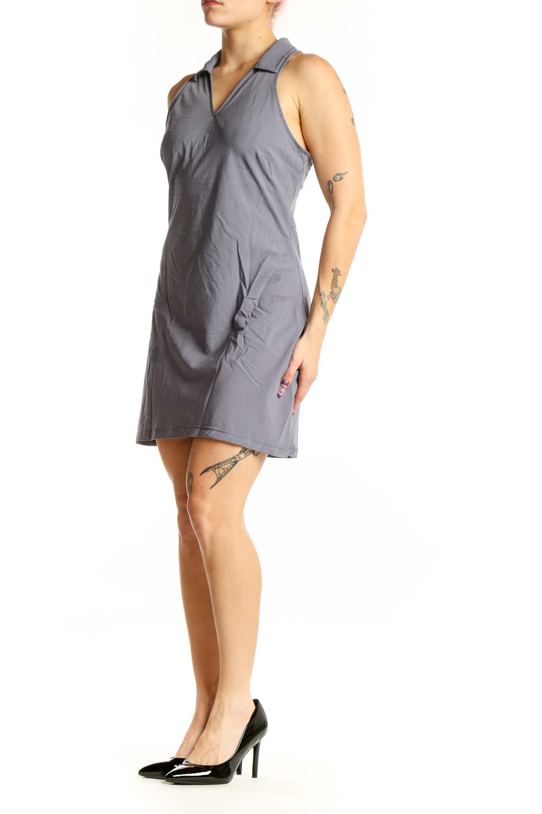 Gray halter activewear performance dress with collared neckline, front view