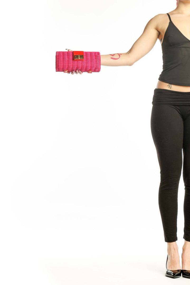 Pink woven straw and leather J.Crew clutch with red leather accent panel and gold metal clasp closure