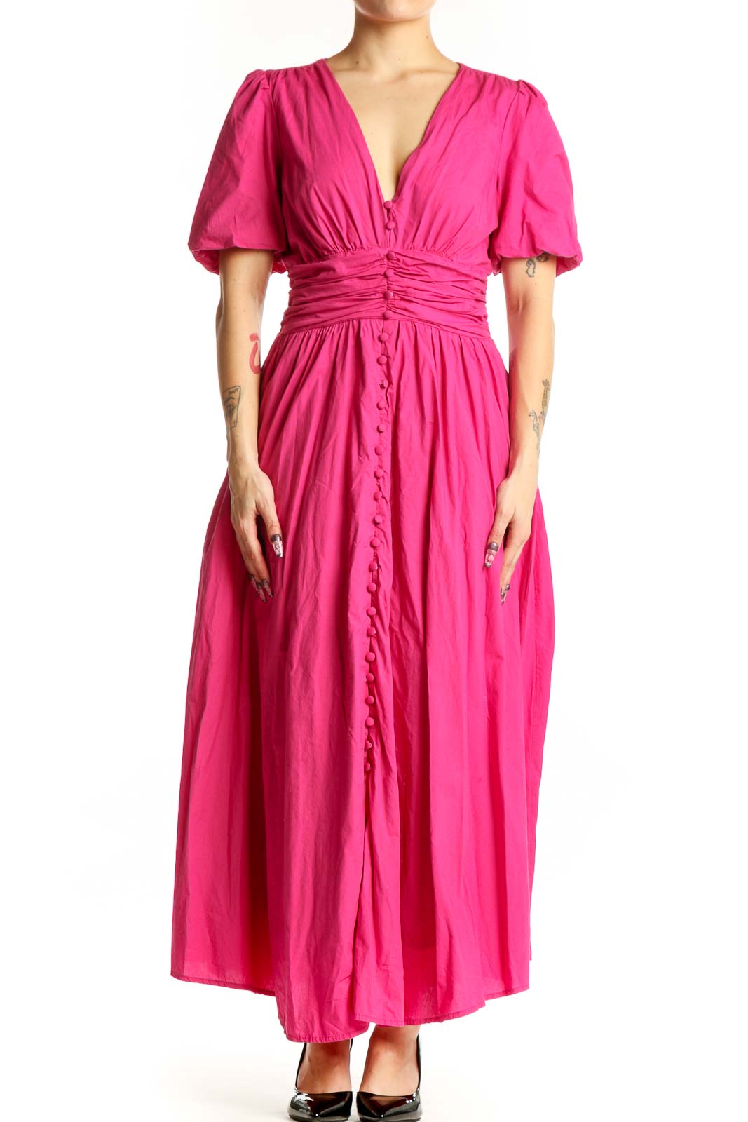 Pink puff sleeve maxi dress with V-neckline and ruched waist detailing, front view
