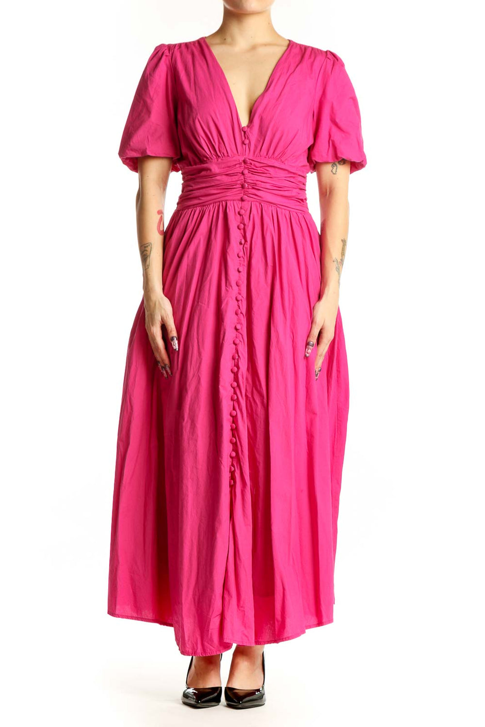 Pink puff sleeve maxi dress with V-neckline and ruched waist detailing, front view