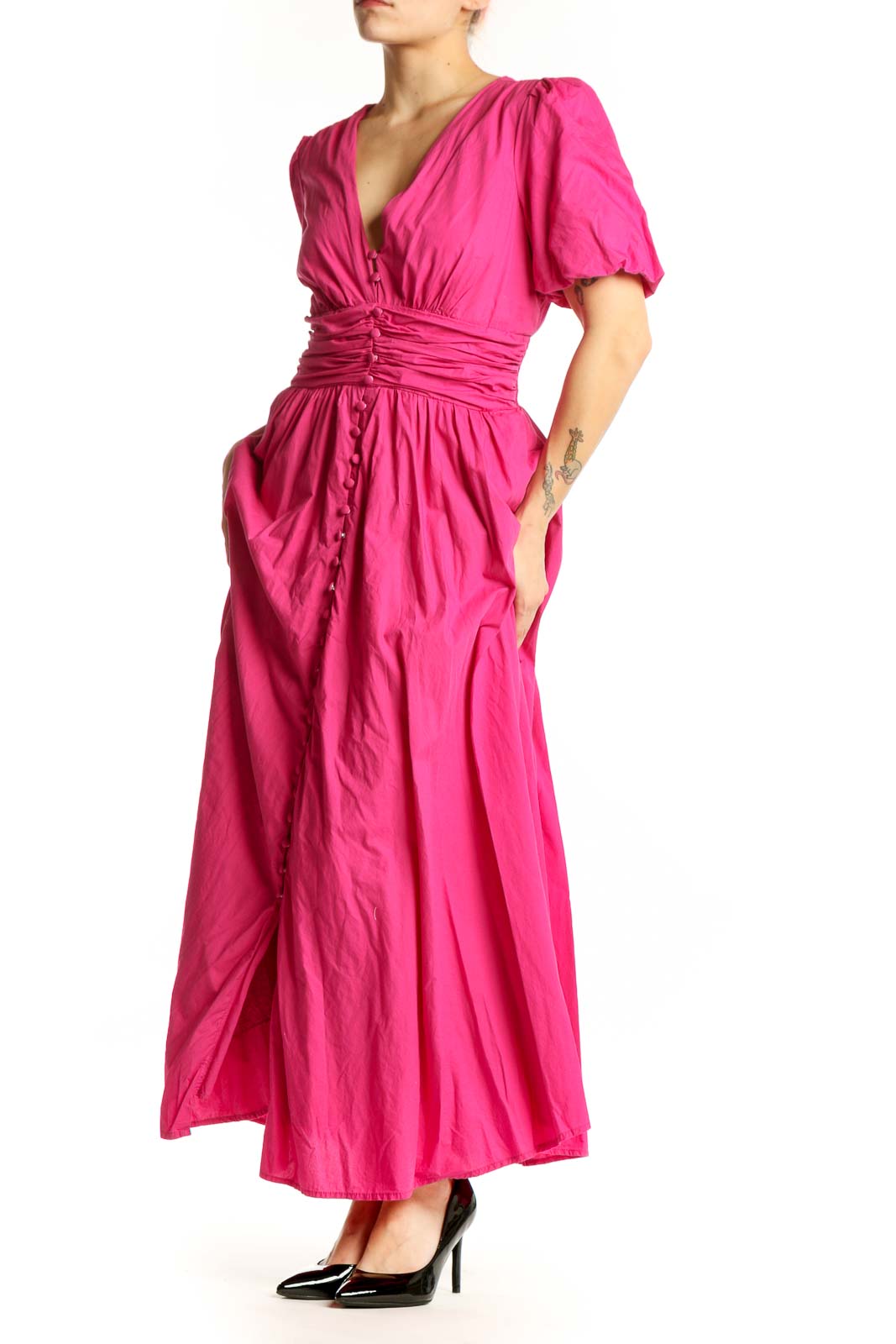 Pink puff sleeve maxi dress with V-neckline and ruched waist detailing, front view