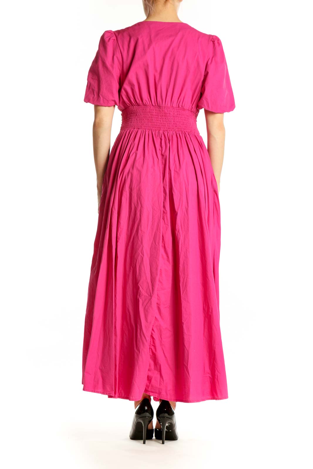 Pink puff sleeve maxi dress with button front detail and flowing skirt, back view