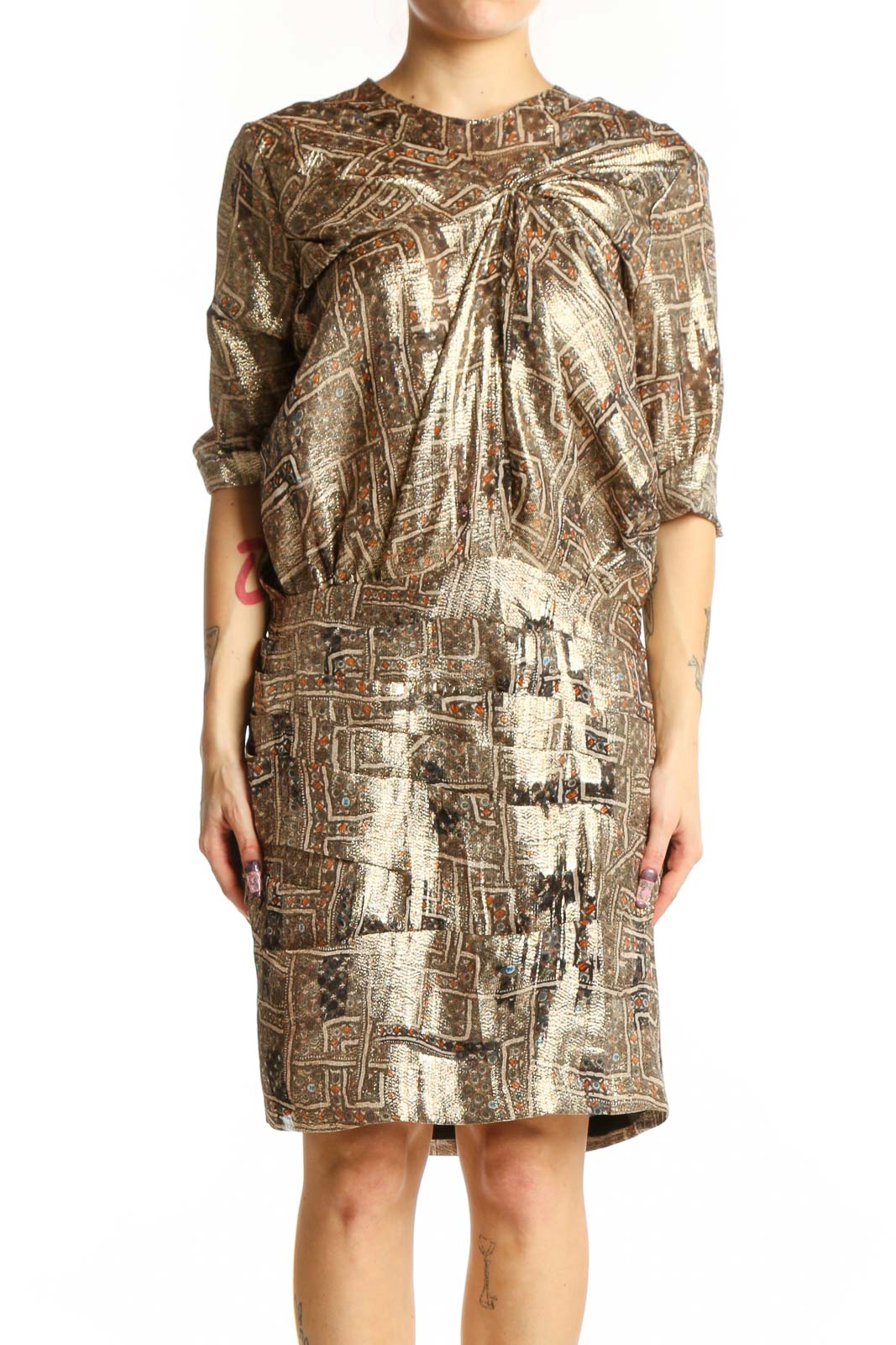Front view of gold metallic abstract print silk dress with three-quarter sleeves and geometric pattern design