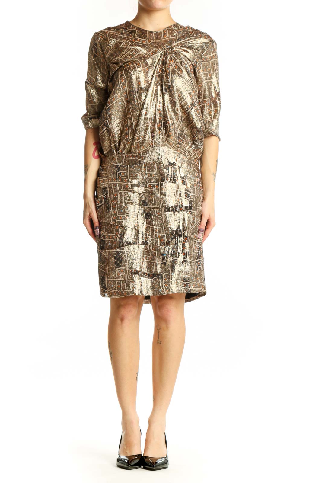 Front view of gold metallic abstract print silk dress with three-quarter sleeves and geometric pattern design