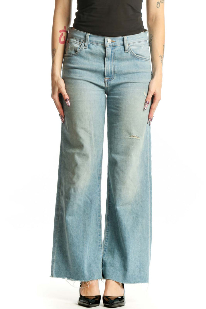 Front view of light blue distressed wide-leg Hudson Jeans in size S with high-rise waist and thigh distressing