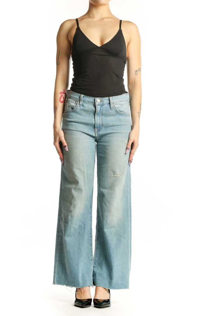 Front view of light blue distressed wide-leg Hudson Jeans in size S with high-rise waist and thigh distressing