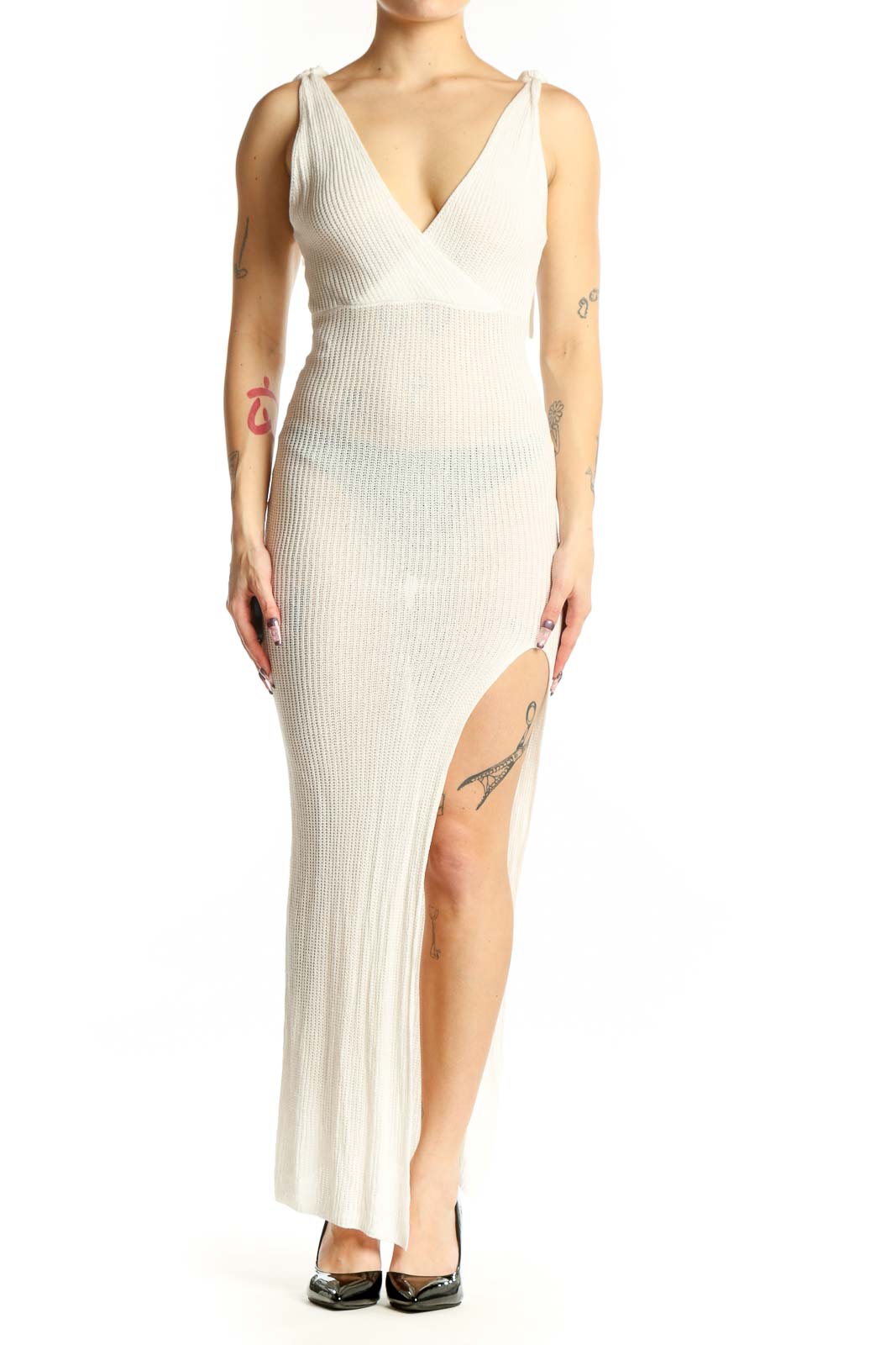 Cream ribbed wrap maxi dress with V-neck and high slit, front view