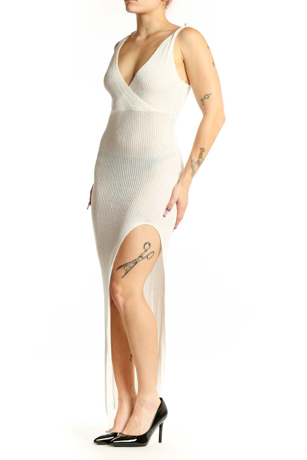 Cream ribbed wrap maxi dress with V-neck and high slit, front view