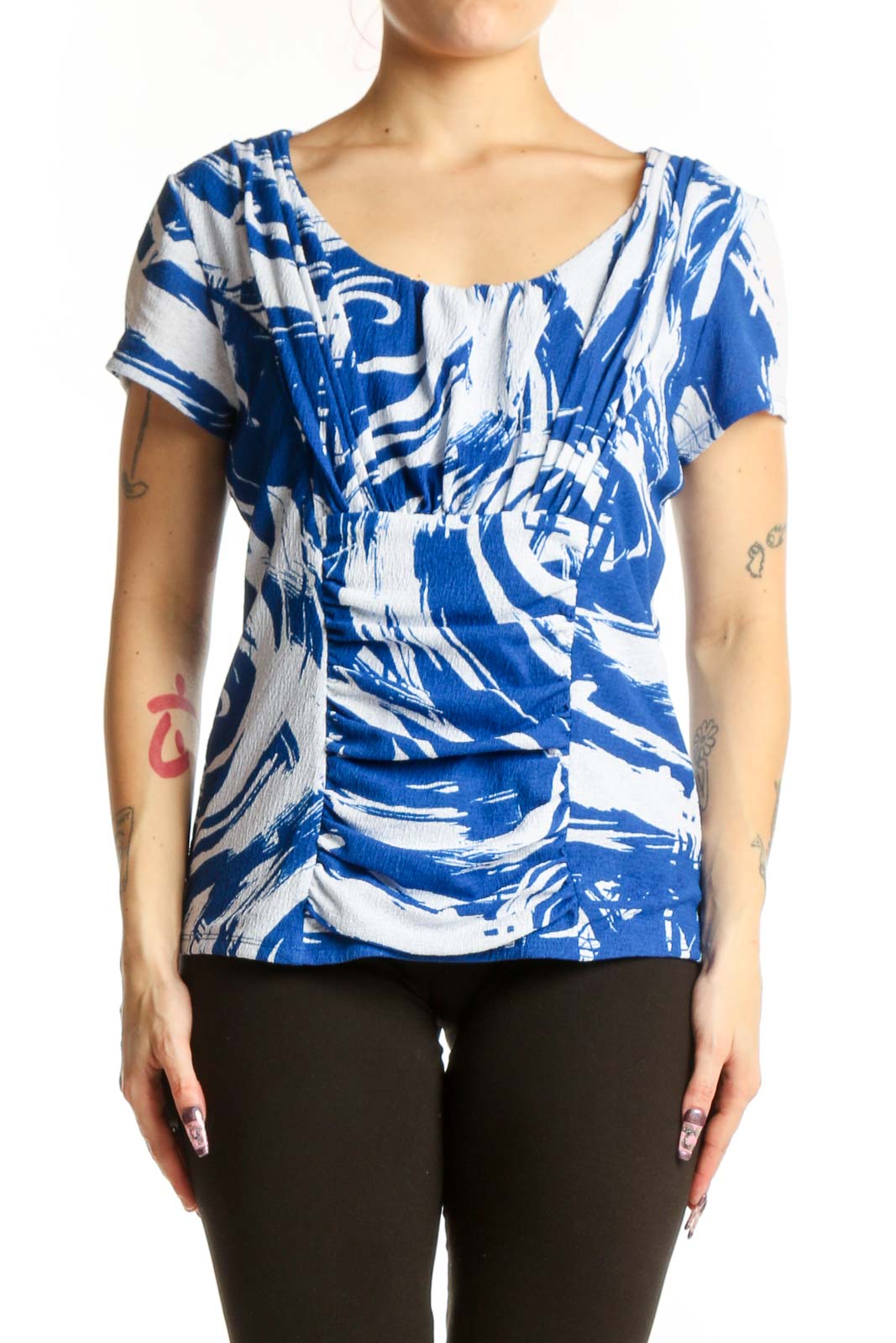 Alfani blue and white abstract print short-sleeve top with ruched sides, front view