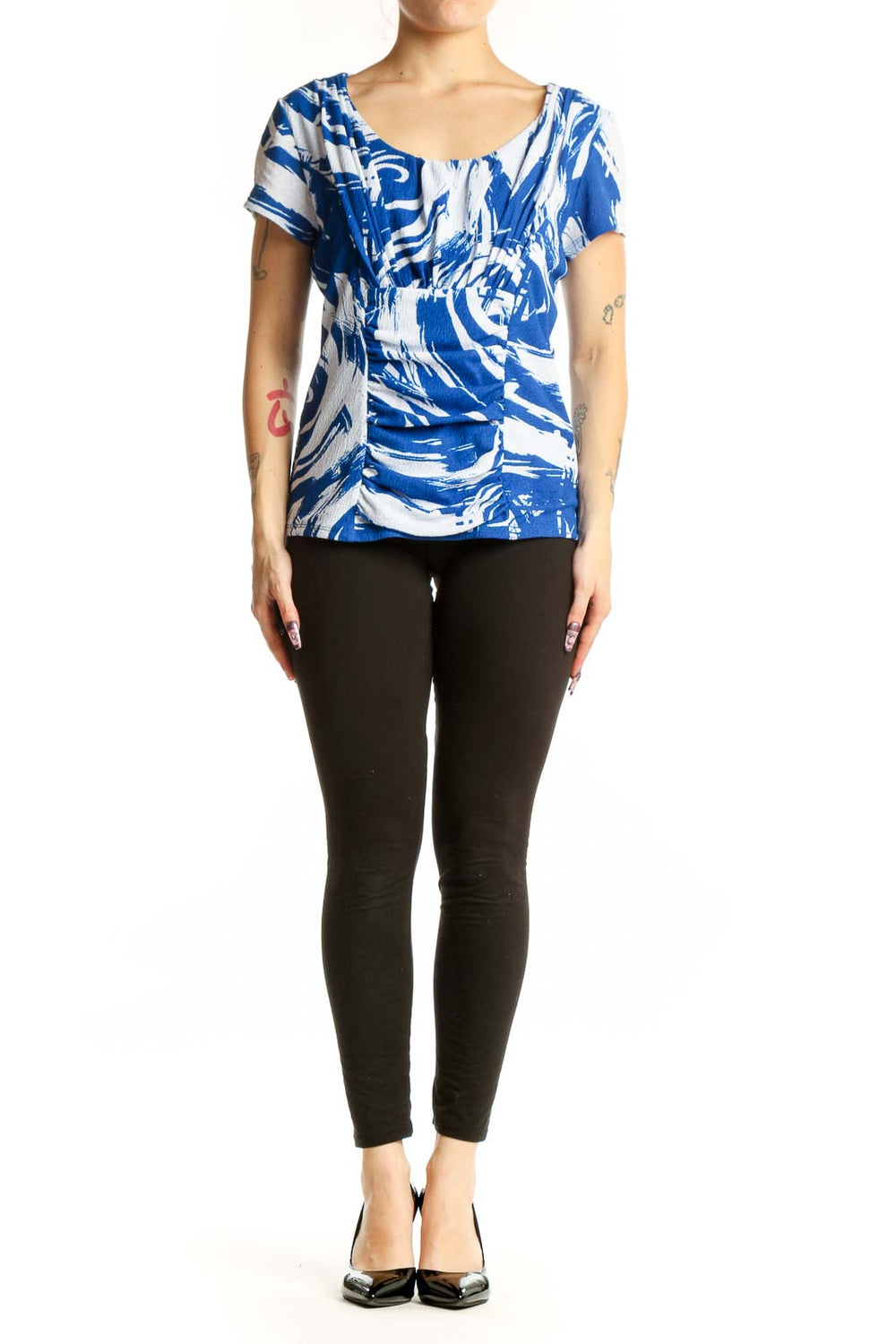 Alfani blue and white abstract print short-sleeve top with ruched sides, front view