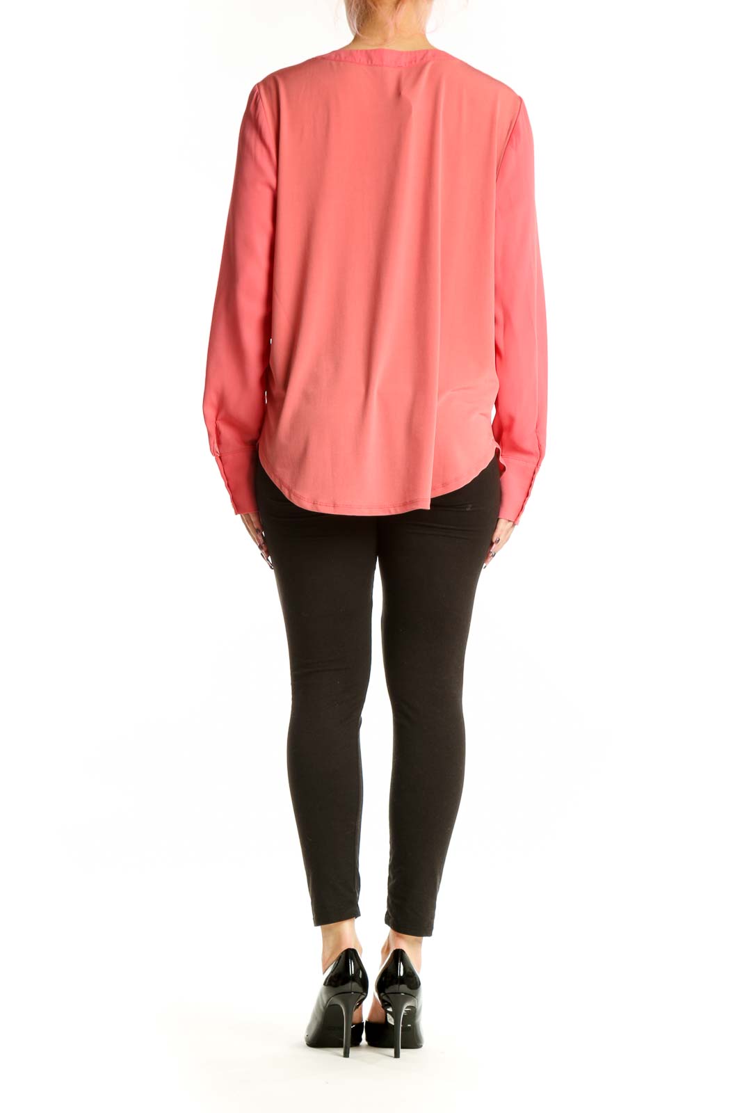 Coral pink V-neck long sleeve blouse by Ann Taylor, back view showing relaxed fit and draping