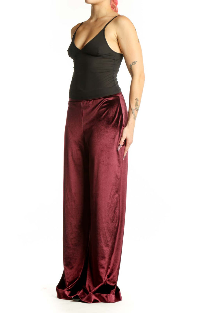 Front view of burgundy velvet wide-leg pants with high waistband and flowing silhouette