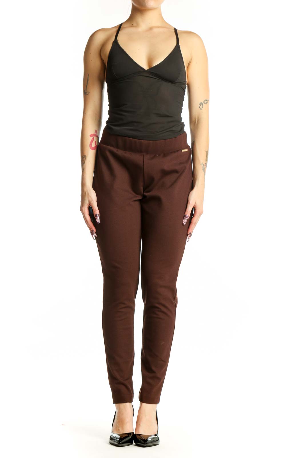 Front view of burgundy slim fit ankle pants with elastic waistband from MICHAEL Michael Kors