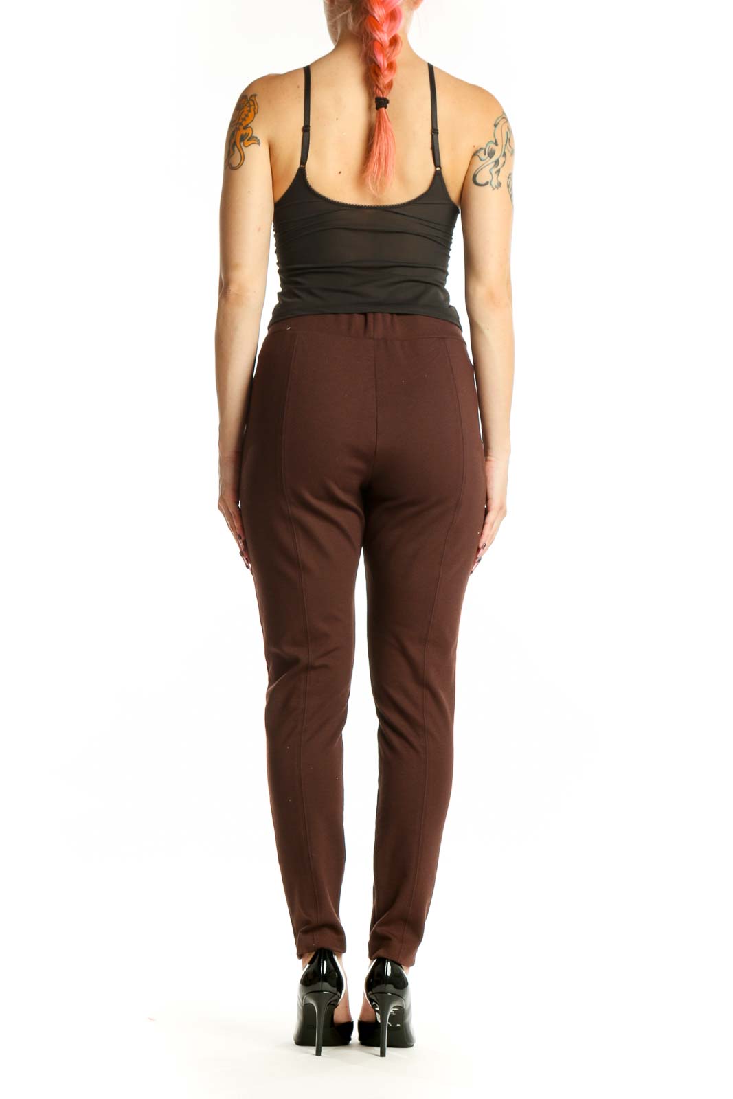 Back view of burgundy slim fit ankle pants showing tailored silhouette and ankle length
