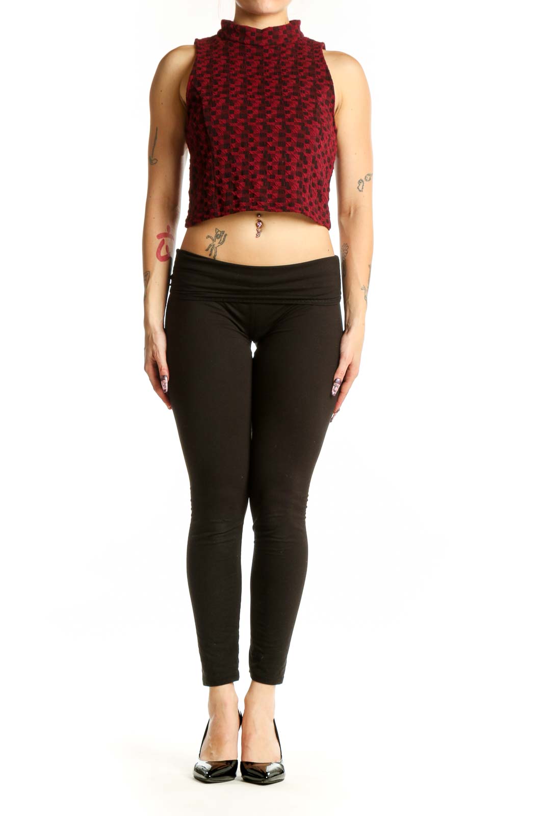 Burgundy textured cropped tank top with high neckline, front view on model