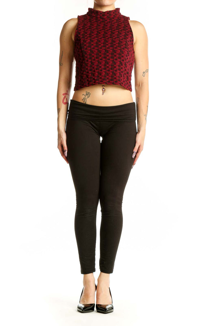 Burgundy textured cropped tank top with high neckline, front view on model