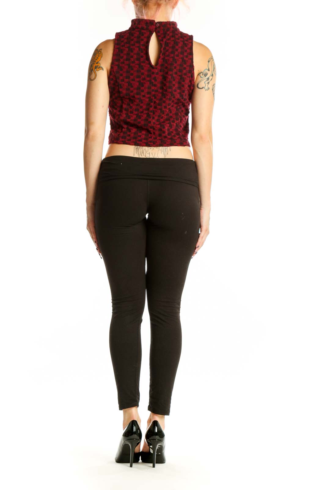 Burgundy textured cropped tank top back view, sleeveless design
