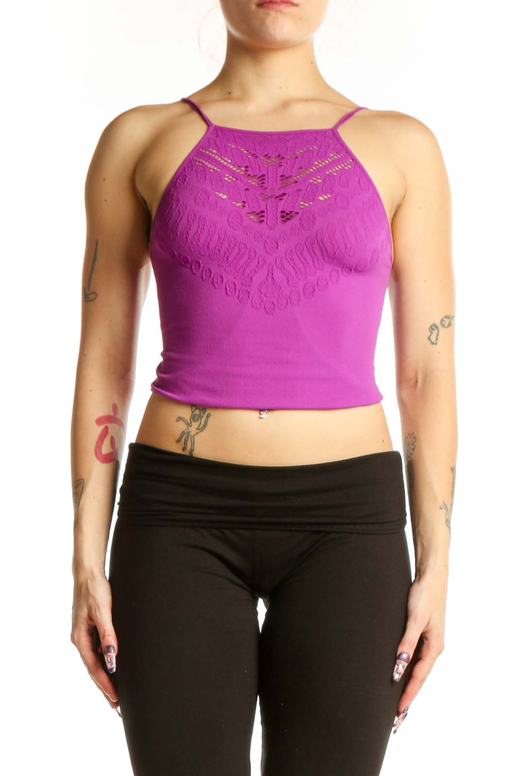 Purple lace halter crop top with delicate lace chest detailing, front view on model