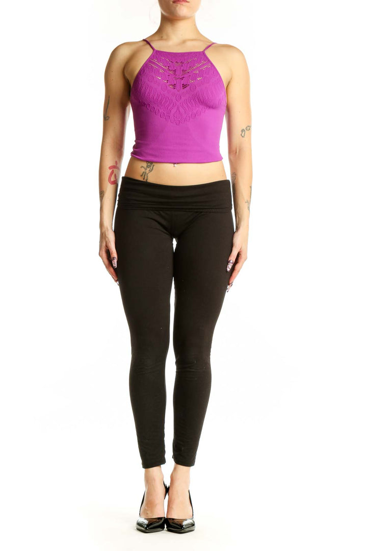 Purple lace halter crop top with delicate lace chest detailing, front view on model