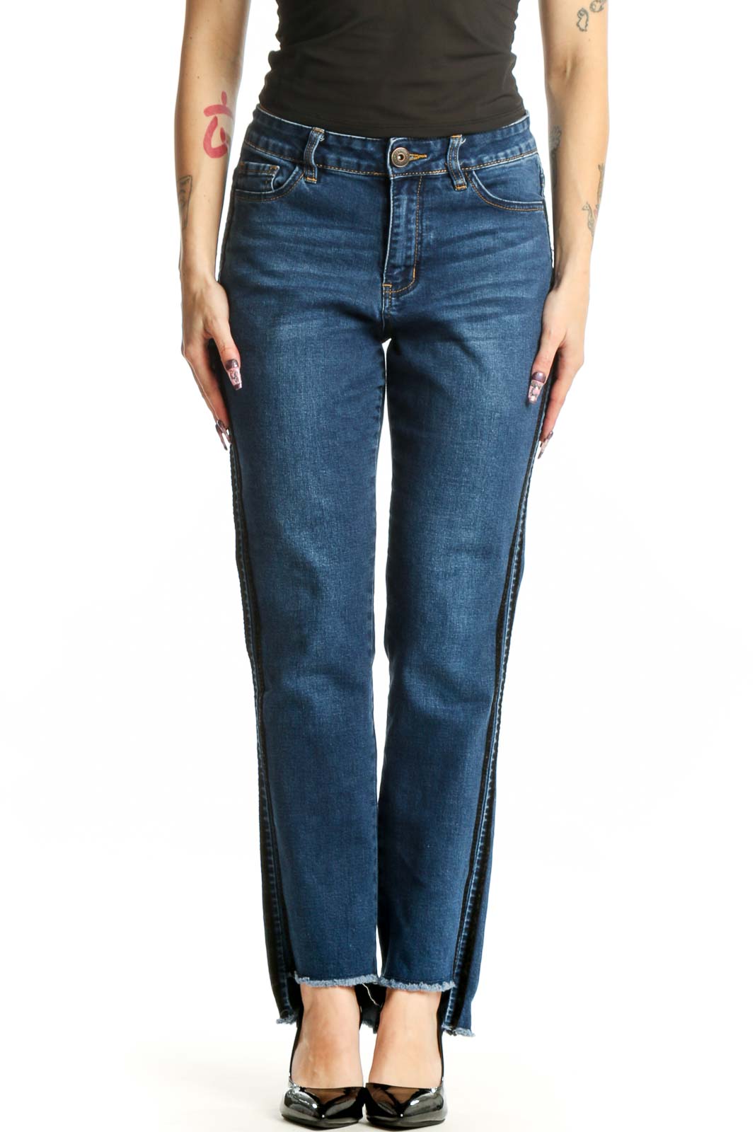 Front view of blue denim straight-leg jeans with side slit detail by Suzanne Betro, size M