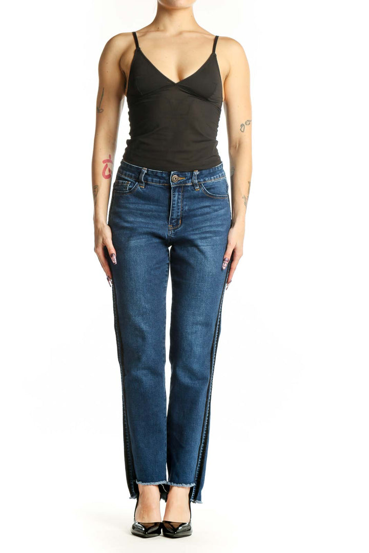 Front view of blue denim straight-leg jeans with side slit detail by Suzanne Betro, size M