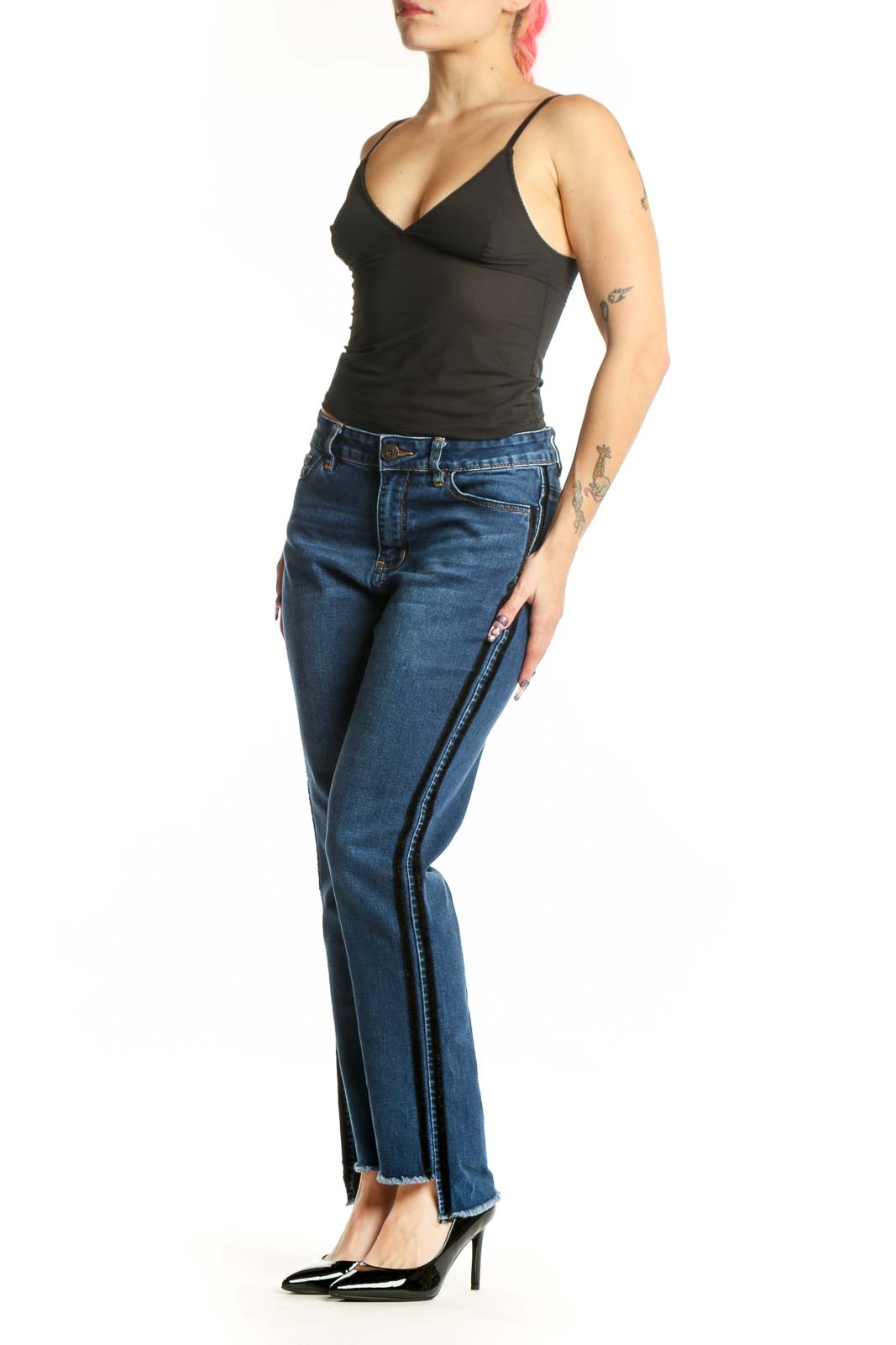Front view of blue denim straight-leg jeans with side slit detail by Suzanne Betro, size M