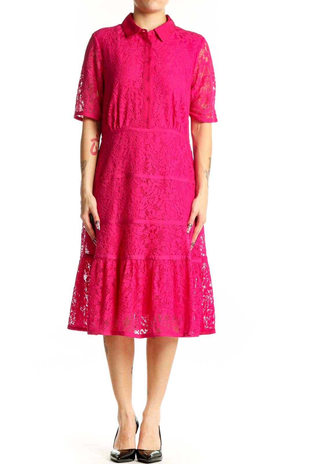 Front view of pink lace shirt dress with collared neckline and tiered midi skirt by Nanette Lepore