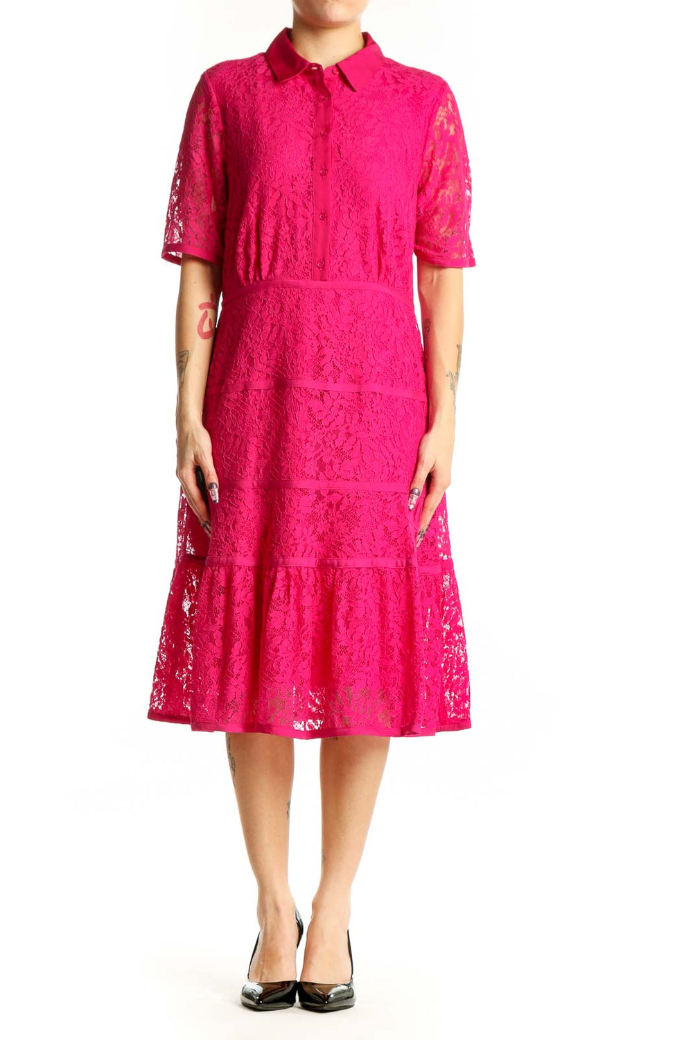 Front view of pink lace shirt dress with collared neckline and tiered midi skirt by Nanette Lepore