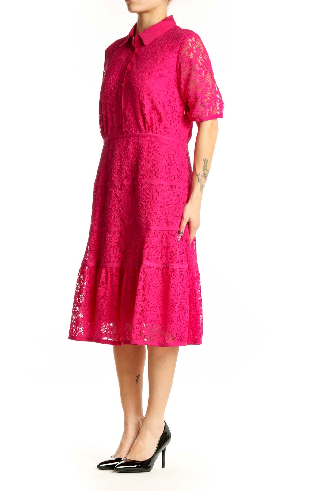 Front view of pink lace shirt dress with collared neckline and tiered midi skirt by Nanette Lepore