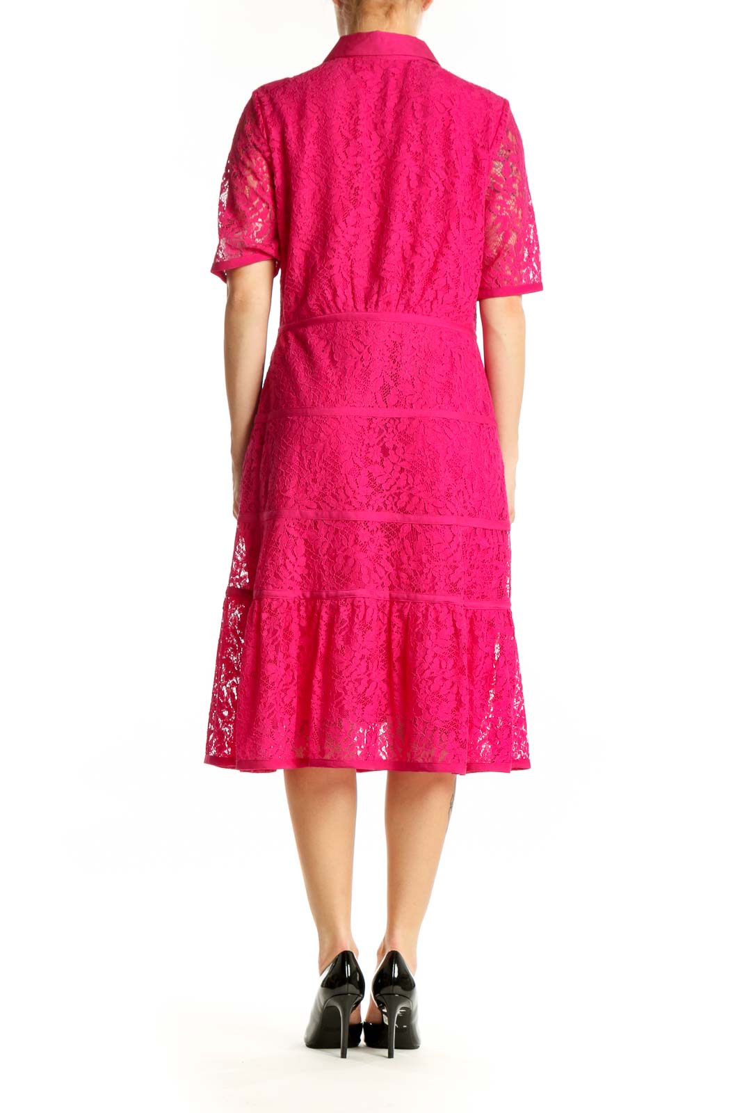 Back view of pink lace shirt dress showing button-front closure and flowing tiered skirt by Nanette Lepore