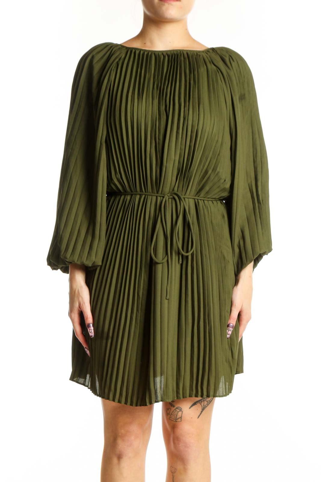 Olive green pleated dress with balloon sleeves and cinched waist, front view