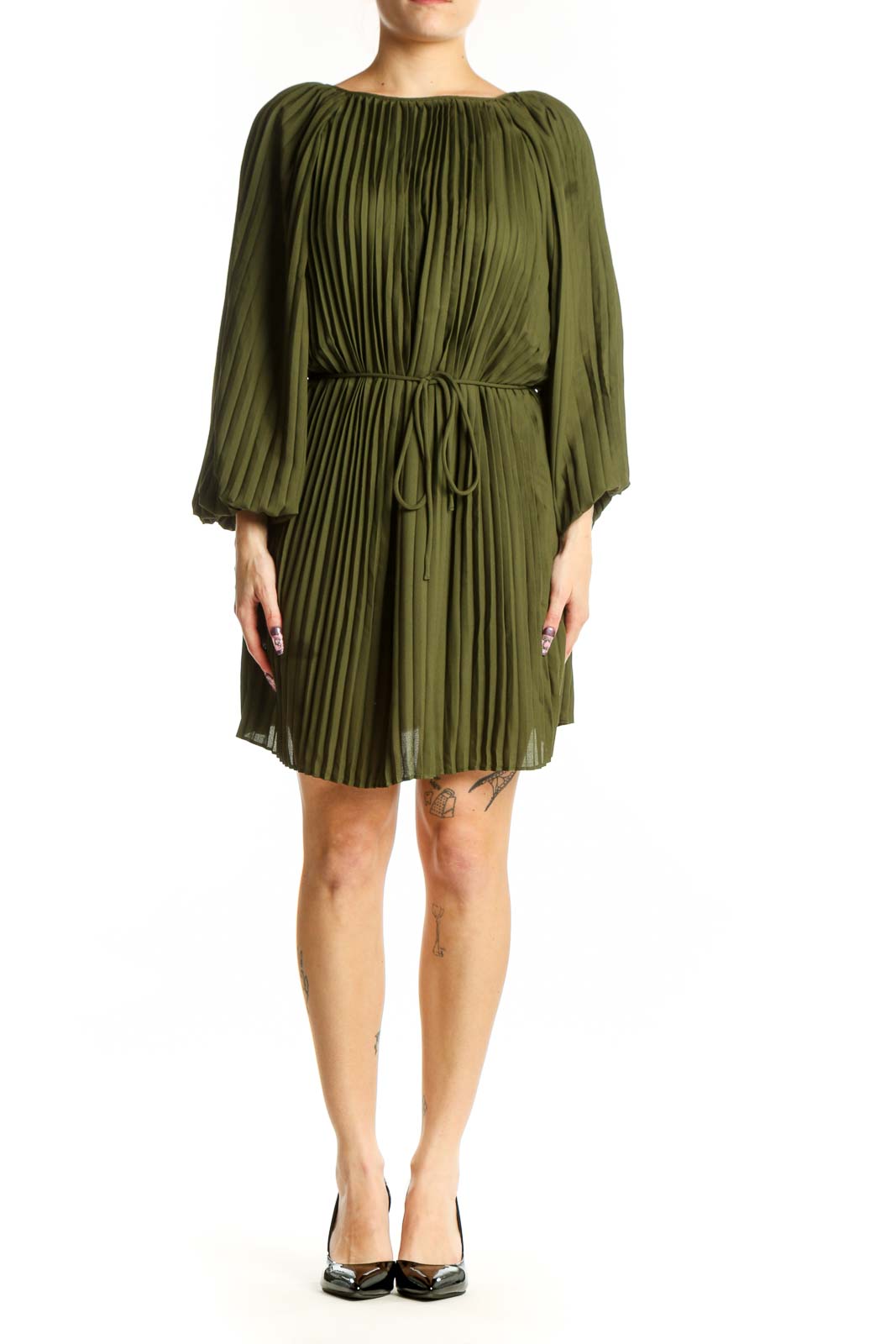 Olive green pleated dress with balloon sleeves and cinched waist, front view