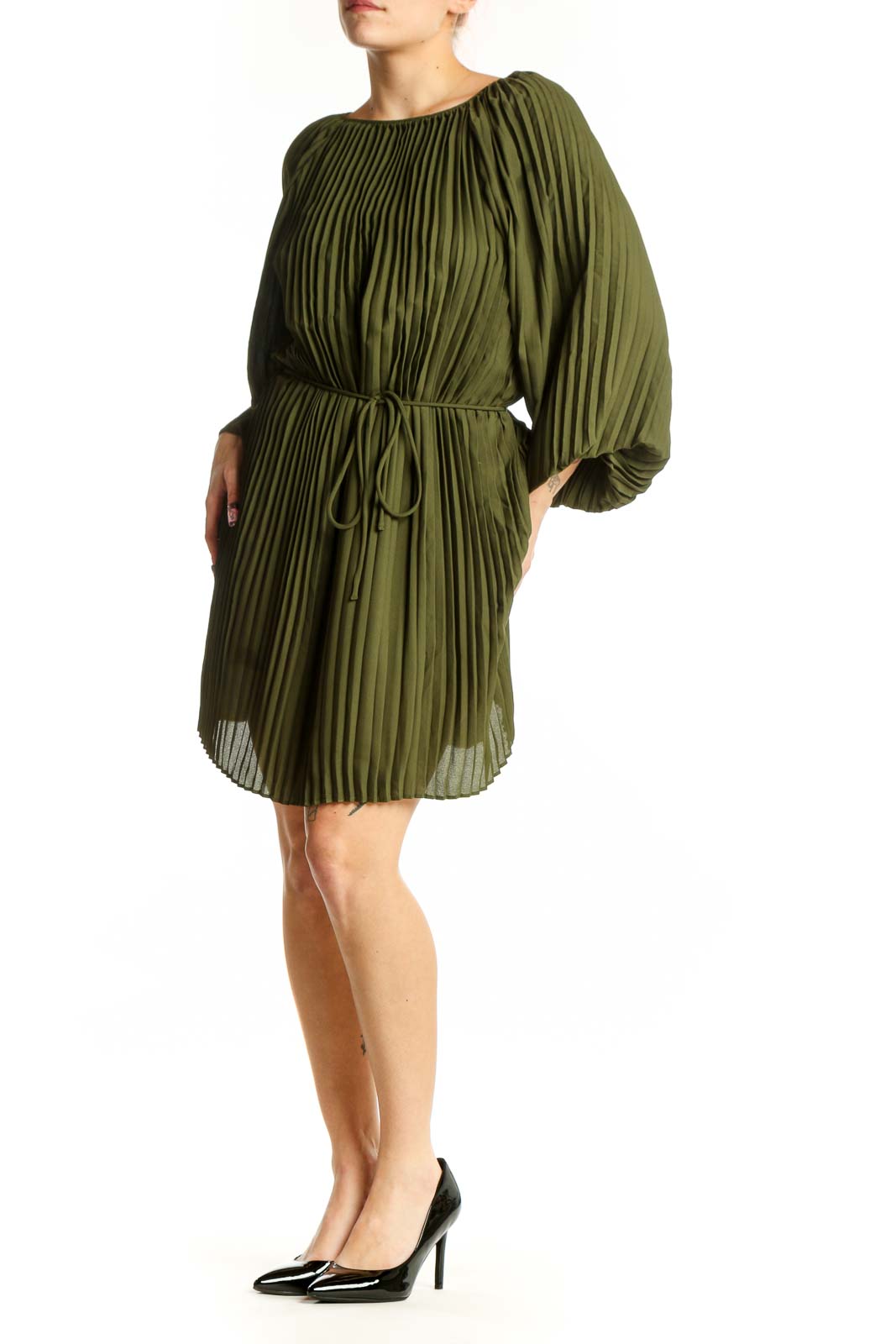 Olive green pleated dress with balloon sleeves and cinched waist, front view