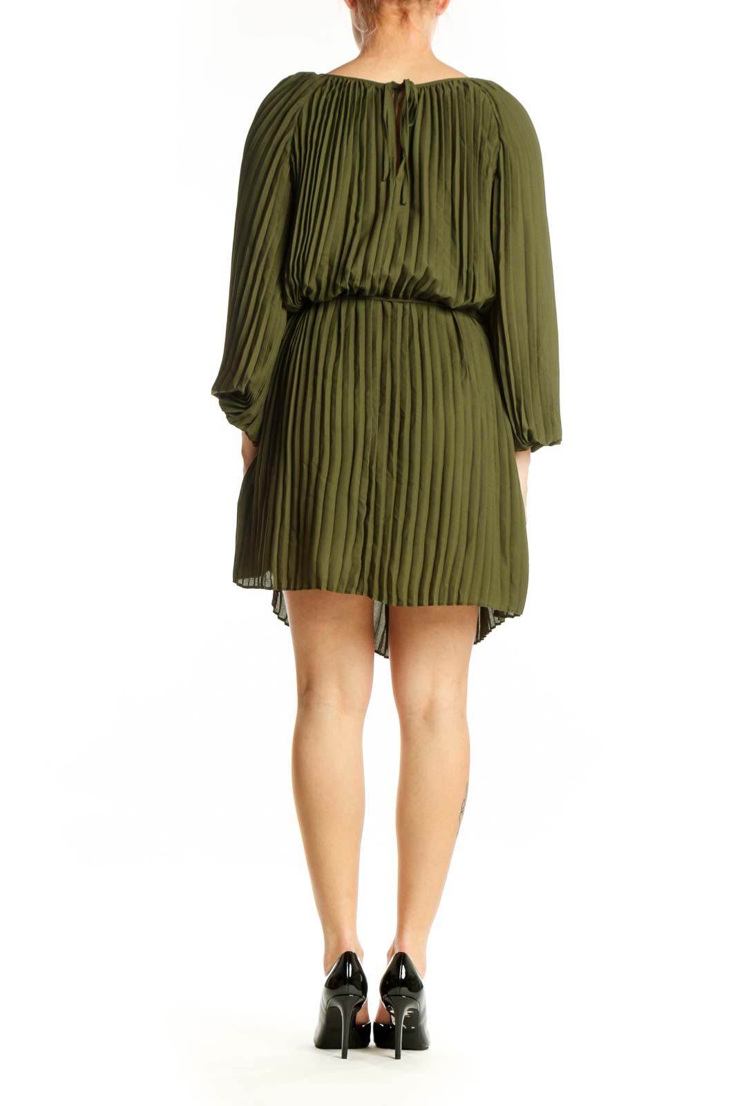 Olive green pleated dress with balloon sleeves and cinched waist, back view