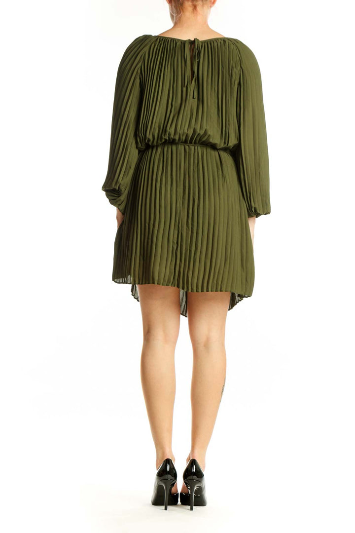 Olive green pleated dress with balloon sleeves and cinched waist, back view