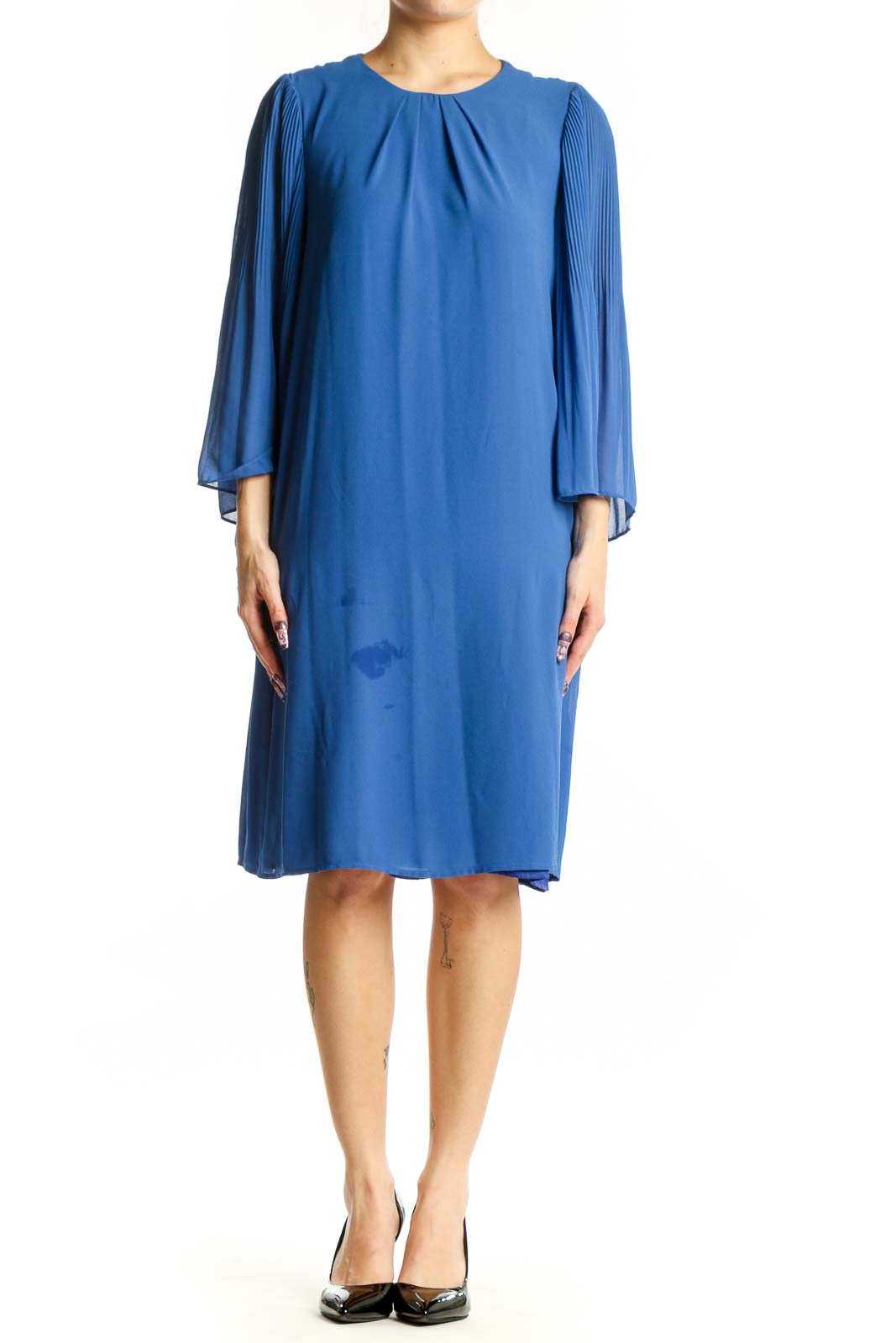 Blue pleated cape sleeve dress with crew neckline and flowing silhouette, front view