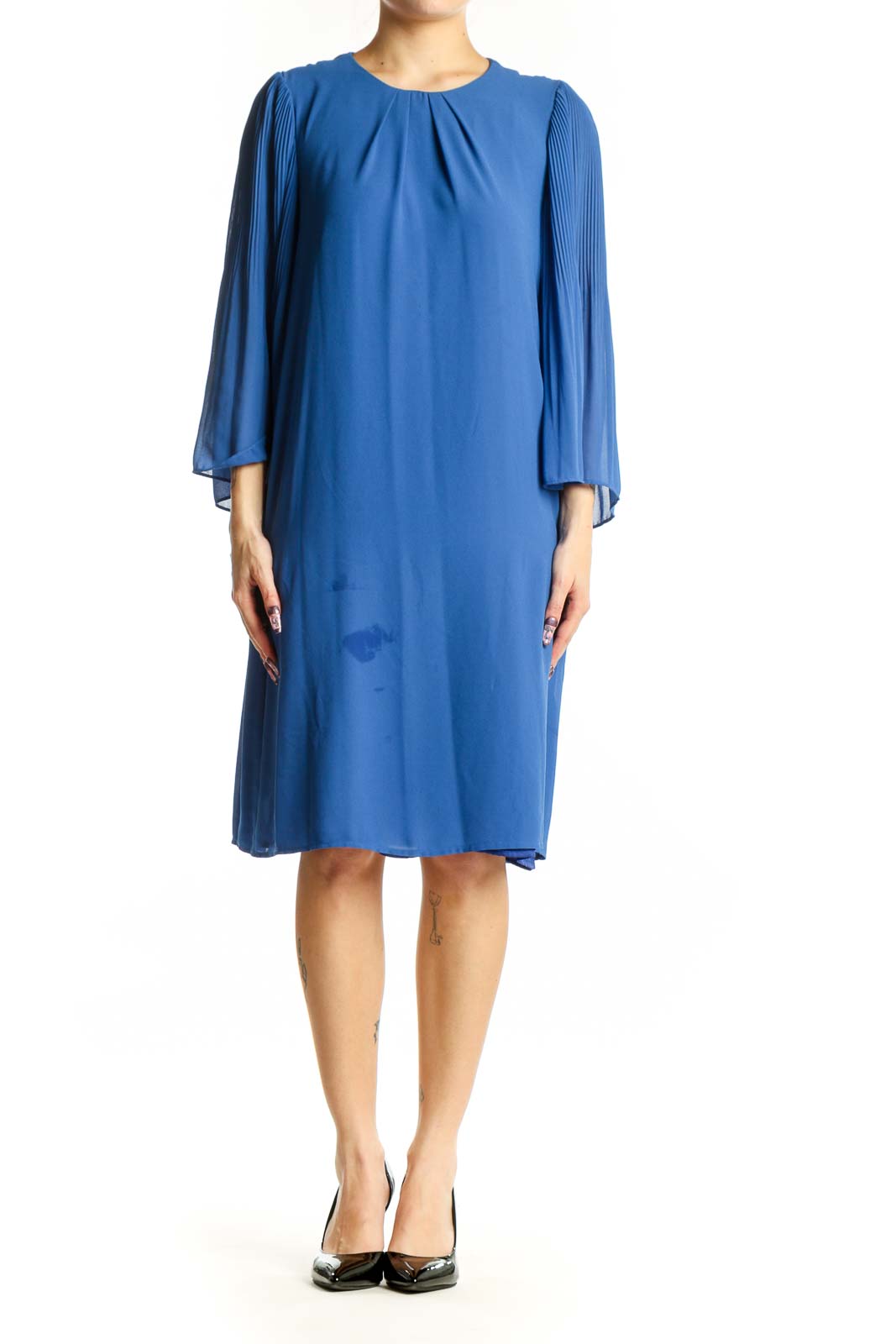Blue pleated cape sleeve dress with crew neckline and flowing silhouette, front view