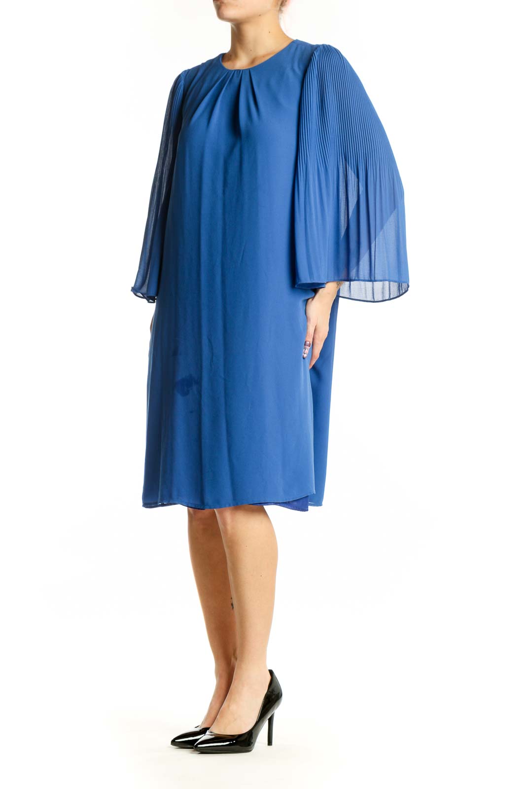Blue pleated cape sleeve dress with crew neckline and flowing silhouette, front view