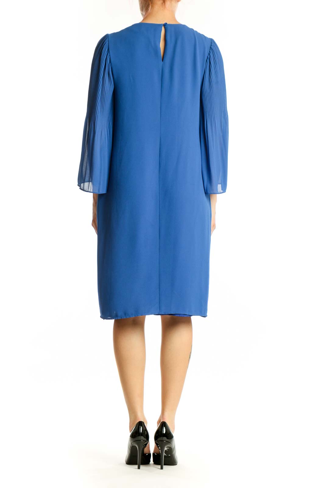 Blue pleated cape sleeve dress with graceful draping detail, back view