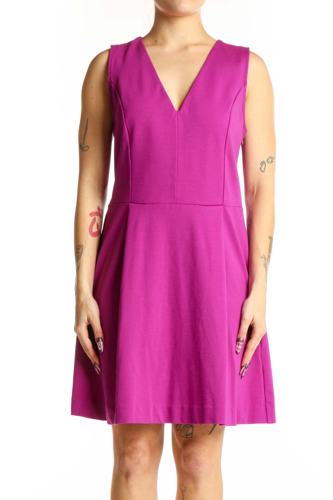 Magenta V-neck fit and flare dress by Rachel Roy, front view showing flattering silhouette and knee-length cut