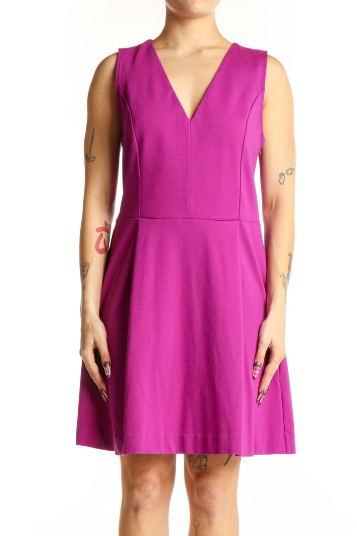 Magenta V-neck fit and flare dress by Rachel Roy, front view showing flattering silhouette and knee-length cut