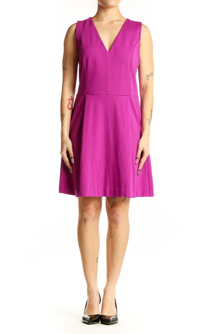 Magenta V-neck fit and flare dress by Rachel Roy, front view showing flattering silhouette and knee-length cut
