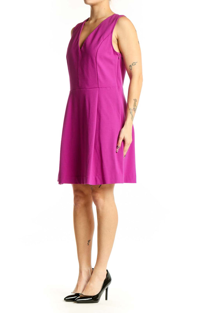 Magenta V-neck fit and flare dress by Rachel Roy, front view showing flattering silhouette and knee-length cut