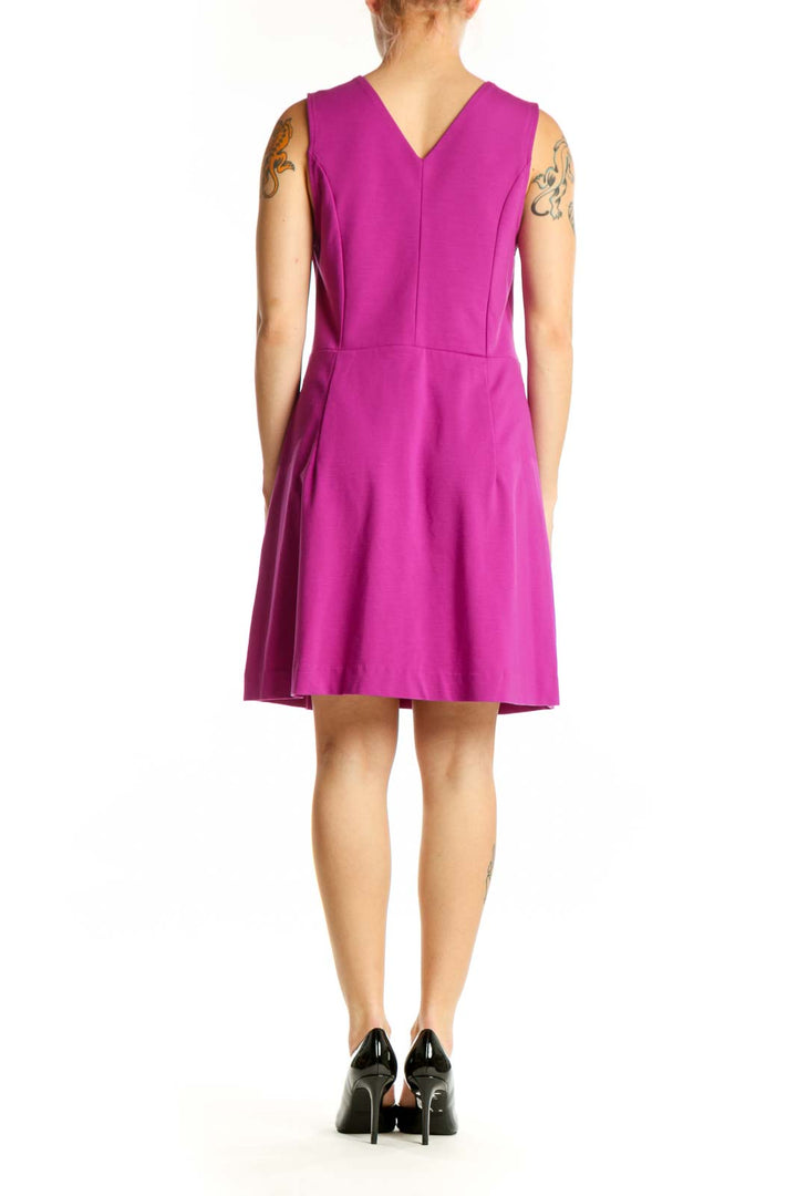 Magenta V-neck fit and flare dress by Rachel Roy, back view displaying elegant A-line skirt and sleeveless design
