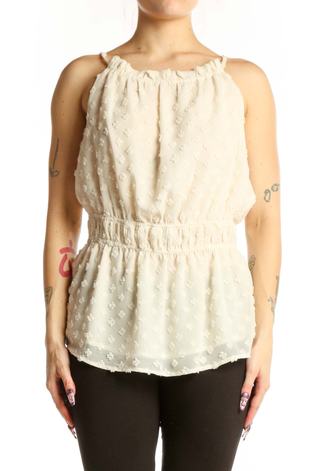 Cream beaded sleeveless blouse with off-shoulder neckline and cinched waist, front view