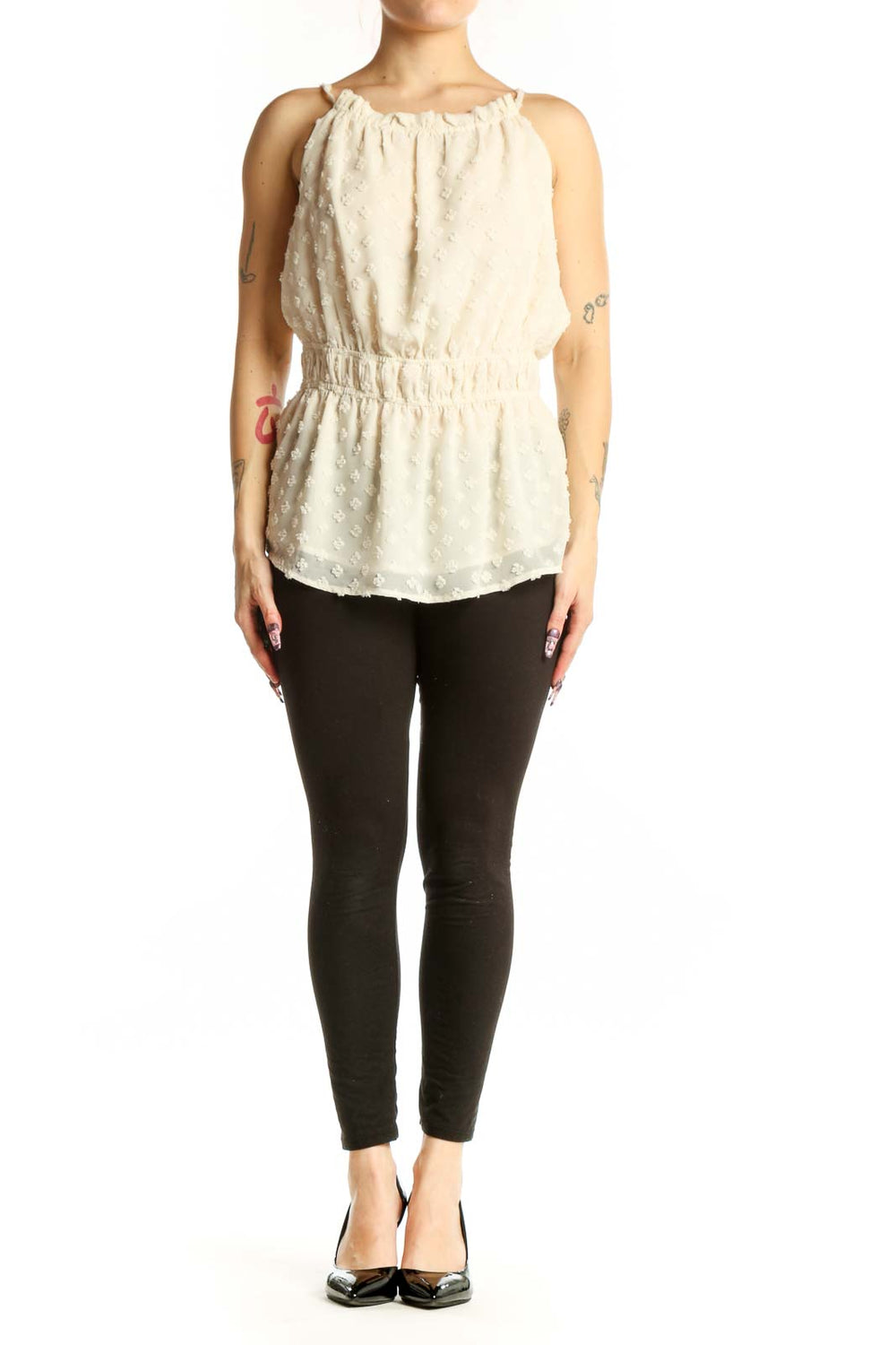 Cream beaded sleeveless blouse with off-shoulder neckline and cinched waist, front view